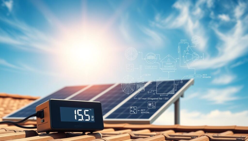 A sun-drenched rooftop, solar panels gently angled to harness the power of the golden rays. In the foreground, a digital display showcases the energy output in a sleek, minimalist design. Intricate technical diagrams and schematics float in the middle ground, illustrating the intricate calculations and engineering behind the solar system. In the background, a serene blue sky dotted with wispy clouds, conveying a sense of clean, renewable energy. The scene is bathed in warm, natural lighting, highlighting the efficiency and elegance of this solar power solution for a 12V system.