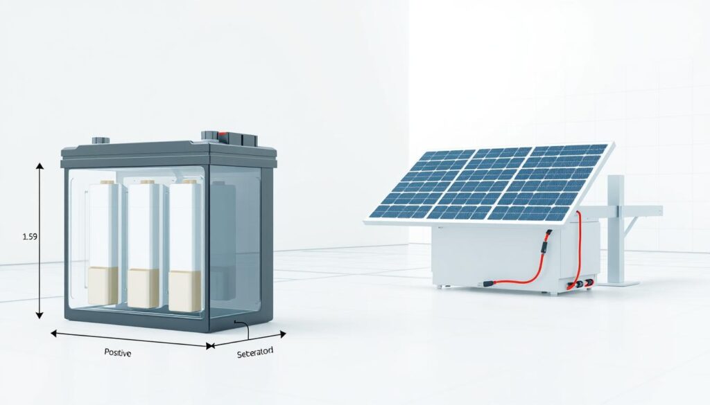 A technical schematic illustration depicting the dimensioning and storage capacity of a solar panel battery system. The foreground shows a detailed cross-section of a rechargeable battery pack, with labeled components such as the positive and negative electrodes, separator, and electrolyte. The middle ground displays a solar panel array, connected to the battery bank via power cables. The background features a clean, minimalist environment with light shading and subtle grid patterns, conveying a sense of precision and engineering. The overall lighting is soft and diffused, creating a calm, informative atmosphere suitable for a technical guide. The camera angle is slightly elevated, providing a clear, comprehensive view of the system's key elements.