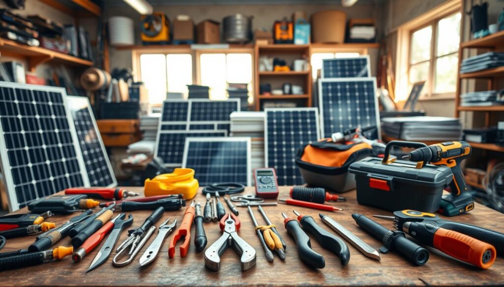 A well-organized workshop filled with the essential tools for a solar power installation project. In the foreground, an array of hand tools including screwdrivers, pliers, and a cordless drill lay neatly arranged on a sturdy workbench. Behind them, a toolbox and a multimeter sit ready for use. In the middle ground, solar panels, cables, and other installation materials are stacked and organized, ready to be deployed. The background features shelves stocked with spare parts and accessories, bathed in warm, natural lighting filtering through large windows. The overall scene conveys a sense of preparedness, efficiency, and expertise - everything an experienced technician would need to set up a reliable, high-quality solar power system.