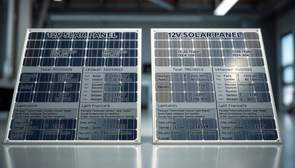 Detailed comparison of 12V solar panel technologies, showcasing a side-by-side layout with technical specifications and key performance metrics. Crisp, technical lighting illuminates the panels, providing a clean, informative presentation. The scene has a neutral, scientific tone, emphasizing the objective evaluation of the solar panel options. Precise camera angles and depth of field draw the viewer's attention to the critical details, helping the audience make an informed decision about the most suitable 12V solar panel for their needs. The overall composition strikes a balance between technical precision and visual appeal, creating an image that is both informative and aesthetically pleasing.