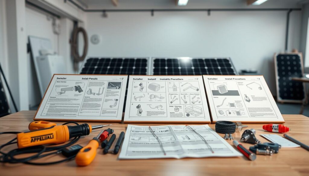 Detailed installation procedures for solar panels displayed on a neatly organized workbench. In the foreground, a set of tools and materials such as screwdrivers, wires, and mounting hardware. In the middle ground, step-by-step diagrams and instruction manuals, meticulously laid out. The background features a softly lit, minimalist interior with clean lines, suggesting a professional, well-equipped workshop. The overall mood is one of precision, organization, and technical expertise, conveying the care and attention required for a successful solar panel installation.