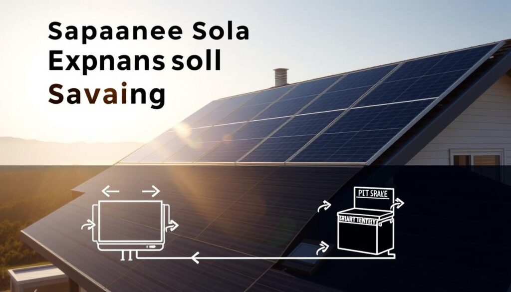Expansive solar energy savings, a sun-soaked rooftop with sleek black panels seamlessly integrated, casting a warm glow over a modern, energy-efficient home. In the foreground, a crisp, clean-lined diagram showcases the inner workings of the solar kit, with arrows pointing to key components like the inverter and battery storage. The background subtly fades into a scenic vista, hinting at the environmental benefits of renewable power. The overall mood is one of technological sophistication, financial prudence, and environmental consciousness - a visual representation of the advantages of a DIY solar energy system.