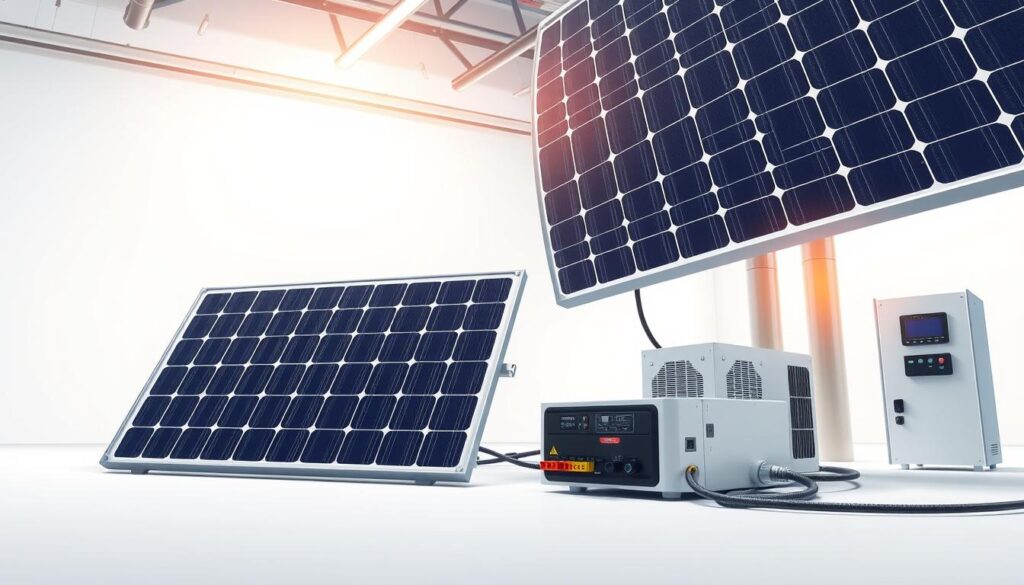 Highly detailed, technical illustration of photovoltaic components in a well-lit, precise studio setting. Crisp, close-up view showcasing solar cells, inverters, connectors, and other key elements of a solar power system. Sleek, modern aesthetic with a clean, minimalist background to highlight the intricate engineering. Careful attention to lighting, angles, and depth of field to emphasize the form and function of each component. Convey a sense of precision, efficiency, and innovation inherent in solar technology.