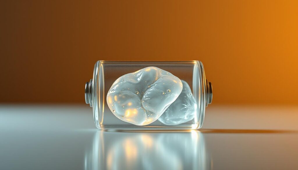 A clear glass battery cell with a distinct gel-like substance inside, illuminated by a warm, directional light source to highlight its translucent nature. The cell is positioned on a reflective surface, creating a sense of depth and volume. The background is a muted, neutral tone, placing the battery cell as the central focus. The image conveys a sense of technical sophistication and the advantages of gel battery technology, such as improved safety, durability, and performance.
