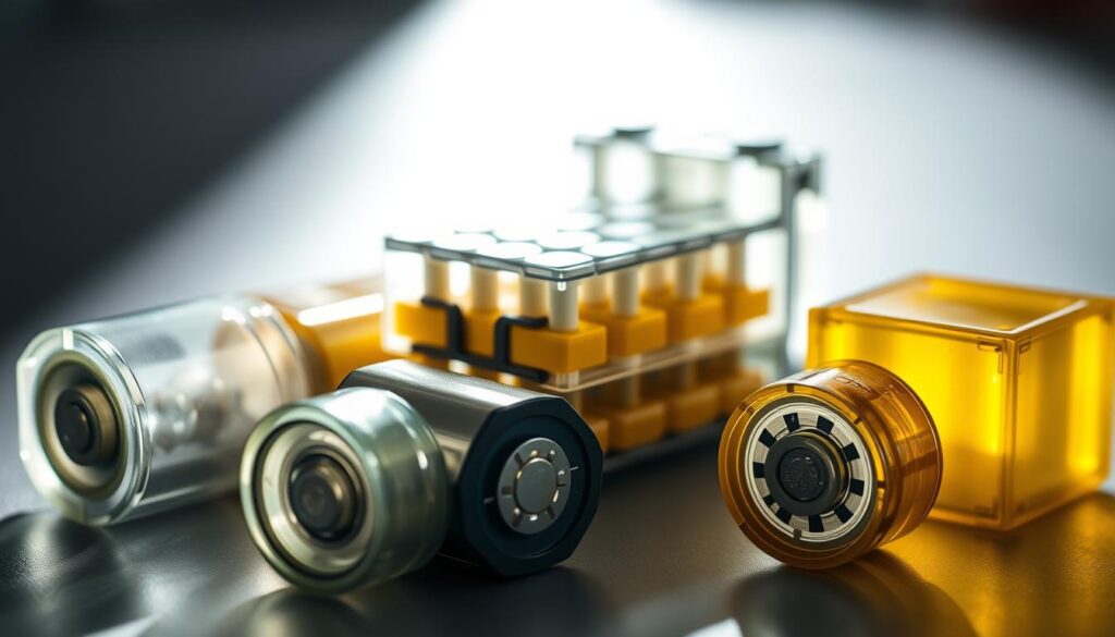 A close-up view of various rechargeable gel batteries, their intricate internal structures exposed. Illuminated from the side, casting dramatic shadows that highlight their complex designs. The foreground features a selection of gel cells, their translucent casings revealing the layered electrochemical components within. In the middle ground, a disassembled battery pack showcases the interlocking gel modules. The background softly blurs, creating a sense of depth and emphasizing the technical details. The overall mood is one of scientific introspection, inviting the viewer to consider the potential drawbacks and challenges of this energy storage technology.