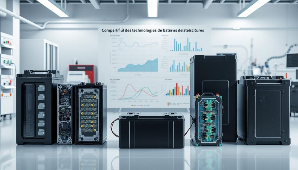 A comprehensive side-by-side comparison of cutting-edge solar battery technologies. In the foreground, a sleek array of lithium-ion, lead-acid, and flow batteries in various shapes and sizes, their internal structures and components meticulously detailed. In the middle ground, technical diagrams and charts illuminating their performance metrics, energy densities, and charge/discharge cycles. The background features a clean, minimalist laboratory setting with modern equipment and instruments, bathed in cool, neutral lighting that enhances the technical aesthetic. The overall composition conveys a sense of scientific rigor and innovation, perfectly suited to illustrate the "Comparatif des technologies de batteries solaires" section.