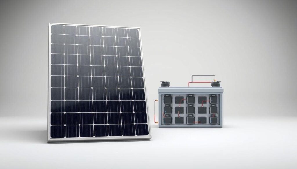 A cross-sectional diagram of a solar panel and battery system, showcasing their interconnected functionality. The solar panel stands prominently in the foreground, its surface meticulously detailed with sleek, dark solar cells arranged in a grid-like pattern. In the middle ground, a battery bank is depicted, its individual cells visible and connected through a network of wires and circuits. The background features a clean, minimalist layout, allowing the technical components to take center stage. The lighting is soft and diffused, creating a sense of clarity and precision. The overall composition emphasizes the efficient interplay between the solar panel and the battery, conveying a thorough understanding of their integrated performance.