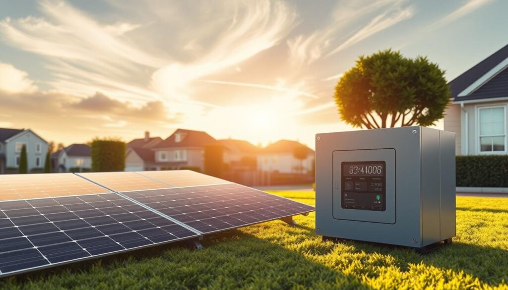 A detailed 10-year energy efficiency study, showcasing a solar panel kit with battery storage. In the foreground, a sleek, modern solar panel array casts long shadows across a well-manicured lawn. The middle ground features a state-of-the-art battery bank, its digital readouts displaying energy usage metrics. In the background, a serene suburban neighborhood with neatly trimmed trees and houses. Warm, golden sunlight filters through wispy clouds, creating a sense of tranquility and environmental consciousness. The overall scene conveys a future-forward vision of sustainable, plug-and-play renewable energy solutions for the home.
