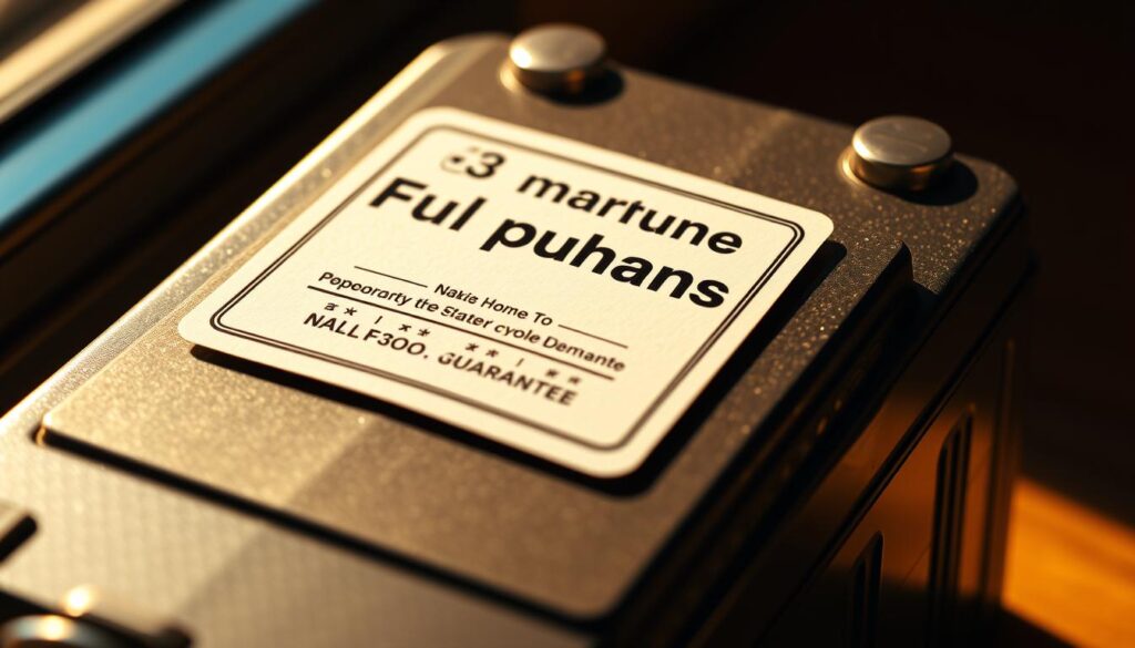 A detailed close-up image of a battery with a shiny metallic surface, showcasing a warranty certificate prominently displayed on the front. The lighting is warm and directional, casting subtle shadows that emphasize the contours and textures of the battery. The background is blurred, keeping the focus on the battery and its warranty documentation. The overall mood is one of reliability, quality, and assurance, reflecting the "full purchase" concept and the guarantees associated with it.