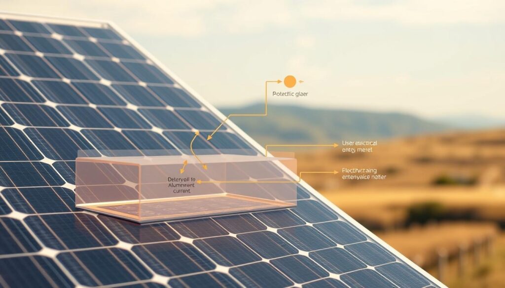 A detailed, cross-sectional diagram of a solar panel in natural daylight, showcasing its inner workings. The foreground depicts the various layers of the panel, including the photovoltaic cells, protective glass, and aluminum frame. The middle ground illustrates the flow of electrical current, with arrows and labels describing the energy conversion process. The background features a soft, blurred landscape with a clear sky, conveying a sense of renewable, sustainable energy. The lighting is warm and natural, with subtle shadows and highlights that accentuate the panel's structure and components. The overall tone is informative, technical, and visually engaging, suitable for an article on the user experience of a plug-and-play solar system.