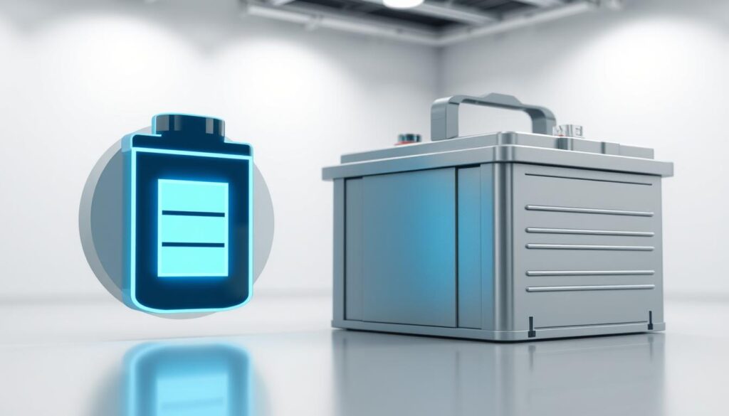 A detailed, high-resolution image showcasing the comparison between a virtual battery and a physical battery. In the foreground, a virtual battery icon representing the digital energy storage system, glowing with a soft blue light. In the middle ground, a physical lead-acid battery, its metallic casing and terminals clearly visible, conveying the tangible nature of traditional energy storage. The background features a clean, minimalist environment with subtle grid-like patterns, emphasizing the contrast between the digital and physical realms. The lighting is soft and evenly distributed, creating a sense of balance and clarity. The camera angle is slightly elevated, providing a clear and comprehensive view of the subject matter.