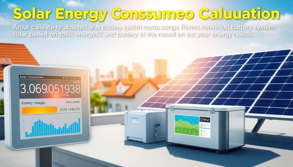 A detailed illustration of solar energy consumption calculation, showcasing a solar panel system with battery storage. In the foreground, a digital display presents energy usage metrics and data visualizations. The middle ground features the solar panel array, precisely angled to capture sunlight, connected to a battery bank. In the background, a cityscape or residential setting provides context, highlighting the practical application of this renewable energy solution. The image should convey a sense of efficiency, sustainability, and technical precision, guiding the viewer's understanding of how to dimension a solar panel and battery system based on their energy needs.