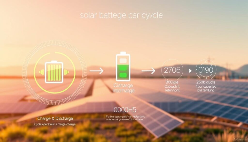 A detailed schematic diagram of solar battery charge cycles, showcasing the dynamic flow of energy in a clean, modern style. The foreground depicts a stylized battery icon pulsing with renewable energy, surrounded by concentric circular charge patterns. The middle ground features clean, minimalist infographic elements illustrating the charge and discharge process, with numerical data on cycle counts and capacity retention. The background subtly conveys a serene, futuristic landscape of solar panels and renewable energy infrastructure, bathed in warm, diffused lighting to create a sense of harmony and sustainability. Technical precision blends with an aesthetic sensibility to elegantly visualize the subject matter.