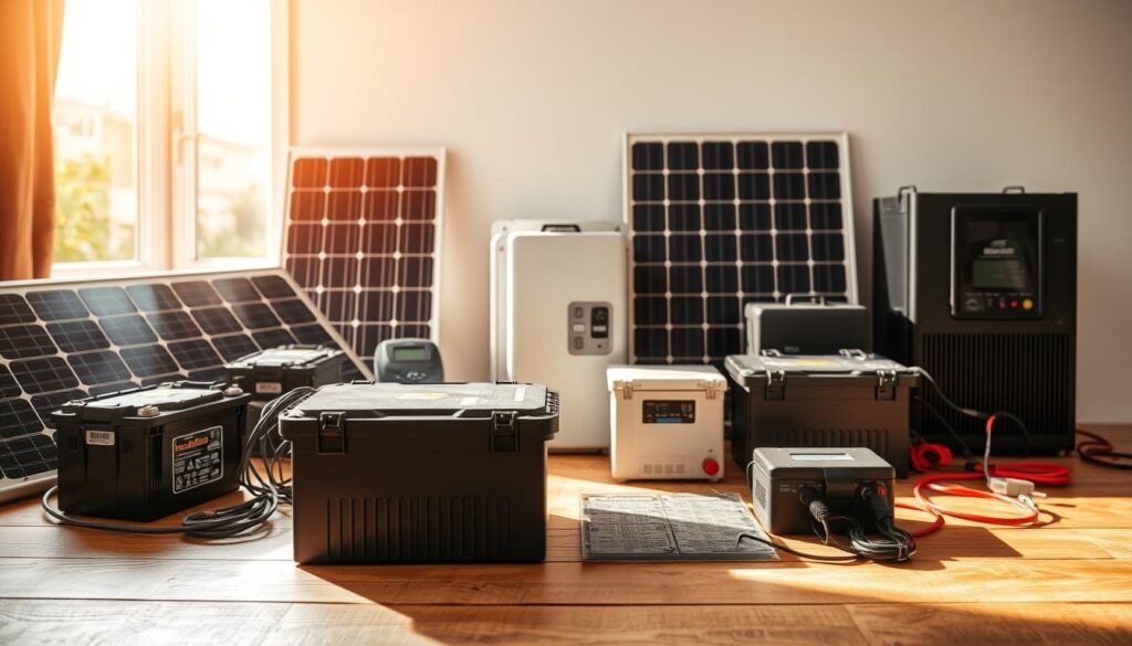 A detailed still life composition showcasing the key components of a solar power kit. In the foreground, a collection of solar panels, batteries, charge controllers, and inverters are neatly arranged on a wooden surface, illuminated by warm, natural lighting streaming in from a window. The middle ground features a clean, minimal background, allowing the technology to take center stage. The overall atmosphere conveys a sense of efficiency, sustainability, and technical precision, perfectly suited to illustrate the "Principaux composants d'un kit solaire et batterie" section of the article.