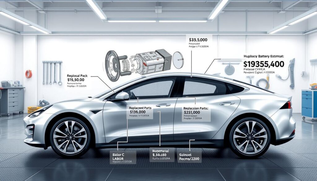 A detailed technical illustration of the cost breakdown for replacing an electric vehicle battery. The scene features a sleek, silver electric car model in the foreground, with the battery pack highlighted and annotated with cost estimates for replacement parts, labor, and disposal. The midground showcases an exploded diagram of the battery's internal components, while the background depicts a clean, modern workshop setting with tools and equipment relevant to EV maintenance. The lighting is bright and evenly distributed, creating a crisp, professional tone. The camera angle is slightly elevated to provide an overview of the entire scene, allowing the viewer to clearly examine the various cost factors involved in battery replacement.