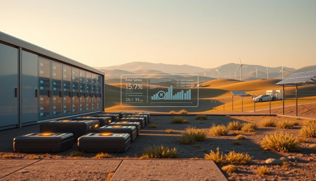 A futuristic virtual storage facility, its sleek architecture blending seamlessly with the natural landscape. In the foreground, a series of interconnected battery cells pulse with renewable energy, the warm glow casting long shadows across the ground. The middle ground features a clean, minimalist interface displaying real-time data on energy storage and distribution, conveying the efficiency and precision of the virtual system. In the background, rolling hills dotted with wind turbines and solar panels paint a picture of sustainable energy generation, the whole scene bathed in a soft, diffused lighting that evokes a sense of calm and technological harmony.