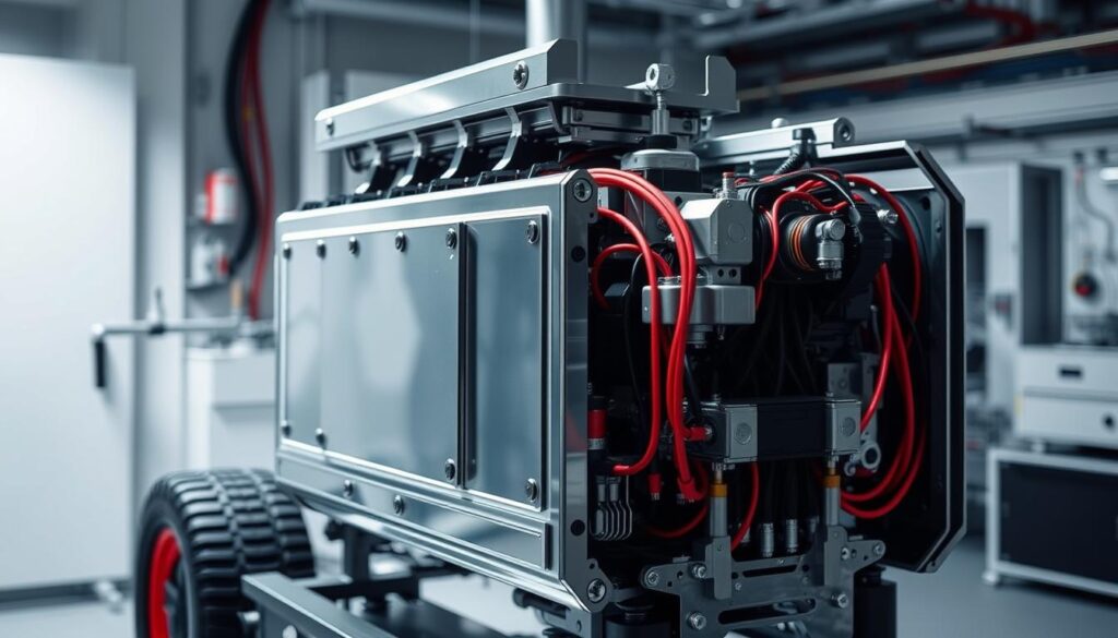 A high-voltage battery assembly, its intricate components meticulously arranged in a clean, well-lit laboratory setting. Gleaming metal casing, exposed circuitry, and precise wiring reveal the inner workings of this essential electric vehicle power source. Soft, directional lighting casts subtle shadows, highlighting the technical details and engineering complexity. The scene conveys a sense of purpose and innovation, befitting the cutting-edge technology powering the next generation of sustainable transportation.