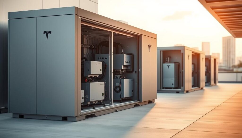 A large, detailed solar energy storage system in a modern, minimalist design. The foreground features a sleek, metallic housing with seamless panels and a prominent Tesla logo. The middle ground showcases the internal components - high-capacity battery cells, power inverters, and cooling systems, all precisely engineered. The background depicts a clean, futuristic setting with a softly blurred cityscape, hinting at the system's integration into urban environments. Warm, directional lighting highlights the technical details, conveying a sense of advanced, sustainable technology. The overall composition emphasizes the system's efficiency, durability, and aesthetic appeal, reflecting the innovative nature of solar energy storage.