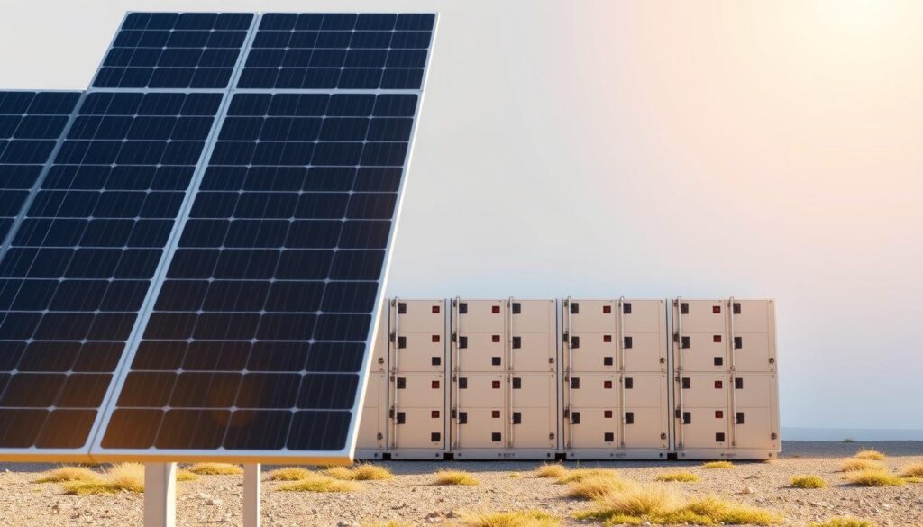 A large solar panel sits in the foreground, casting warm sunlight across a virtual battery bank in the middle ground. The battery modules are arranged in a symmetrical grid, their metallic casings gleaming. In the background, a clean white backdrop creates a sense of minimalism and focus. The lighting is soft and natural, highlighting the technical details of the virtual battery system and its integration with the solar panel. The overall mood is one of efficiency, innovation, and renewable energy solutions.