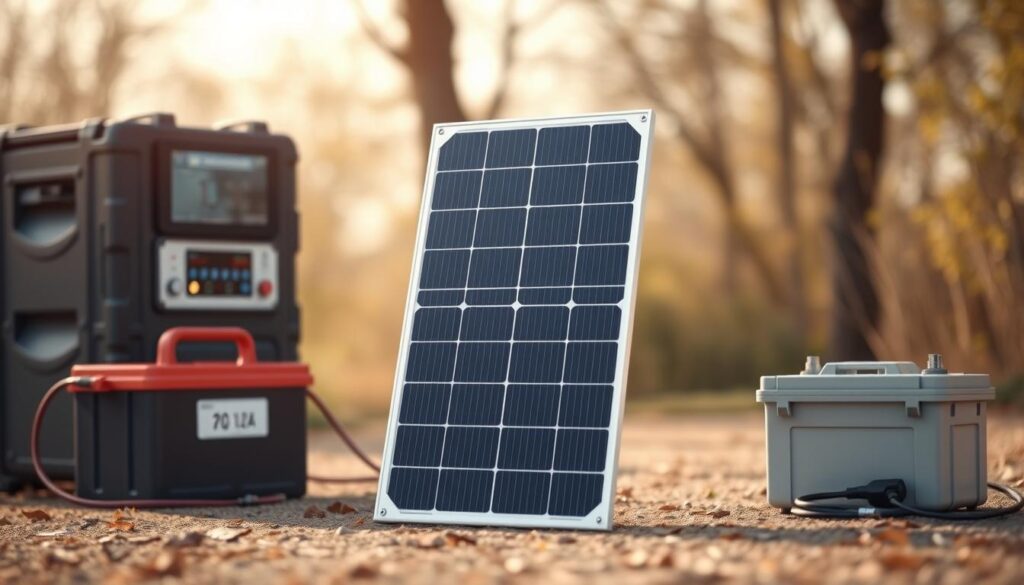 A photorealistic image of a 12V solar panel in an outdoor setting, with a clear focus on the panel itself. The panel should be shown in detail, with its dimensions, power output, and other technical specifications clearly visible. The background should include elements that suggest the panel's intended use, such as a 12V battery or a charging station. The lighting should be natural and diffuse, creating a warm and inviting atmosphere. The overall composition should be balanced and visually appealing, highlighting the panel's functionality and suitability for the given application.