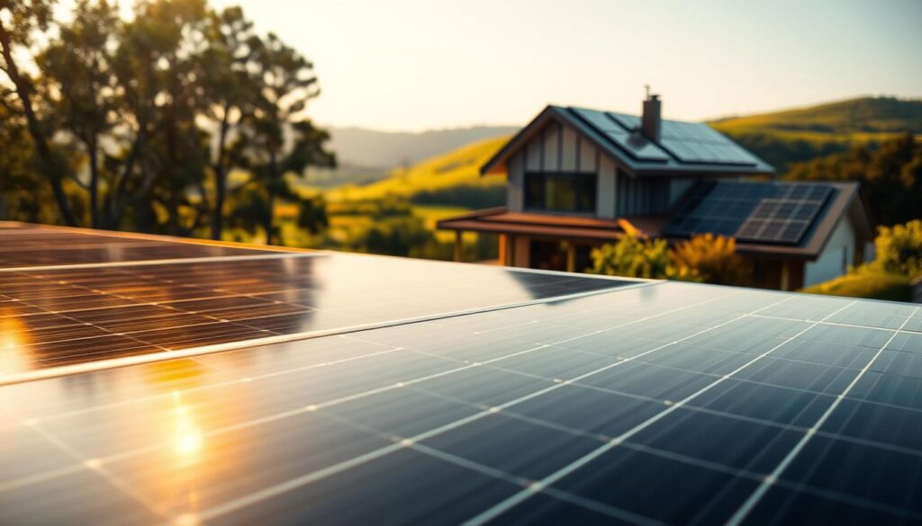 A serene solar panel array, its sleek black surfaces glistening in the warm sunlight. In the foreground, a high-capacity energy storage battery, its metallic casing casting subtle reflections. The middle ground features a modern, stylish home with clean architectural lines, its roof adorned with neatly arranged solar panels. The background showcases a lush, verdant landscape, rolling hills and vibrant foliage creating a sense of tranquility. The lighting is soft and diffused, creating a sense of harmony and balance. The overall scene conveys the advantages of solar energy storage - clean, renewable power, reduced reliance on the grid, and a sustainable, eco-friendly lifestyle.