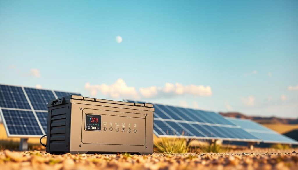 A serene solar-powered outdoor scene with a sleek, modern battery pack in the foreground. The battery's streamlined design and intuitive controls convey a sense of reliability and security. In the middle ground, solar panels capture the sun's energy, their efficient angles hinting at the power they generate. The background features a tranquil landscape with rolling hills and a cloudless sky, evoking a peaceful, self-sufficient environment. Soft, warm lighting bathes the entire composition, creating an atmosphere of comfort and autonomy. The overall image conveys the harmony of renewable energy, personal safety, and uninterrupted access to power.