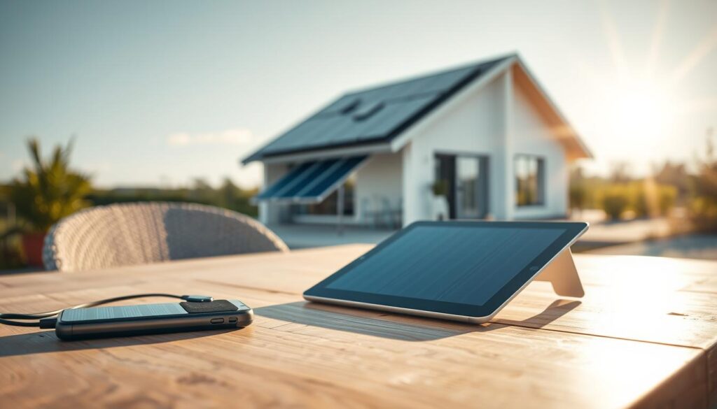 A serene, sun-drenched scene depicting the advantages of solar power for electronic devices. In the foreground, a solar power bank charges a smartphone, its sleek design complementing the device. In the middle ground, a tablet rests on a wooden table, its screen powered by the clean energy harnessed from the sun's rays. In the background, a modern, minimalist home showcases solar panels seamlessly integrated into the architecture, suggesting the broader applications of this renewable technology. Soft, diffused lighting captures the natural ambiance, while subtle lens flare effects enhance the sense of warmth and illumination. The overall composition conveys the convenience, reliability, and environmental benefits of solar-powered electronics.