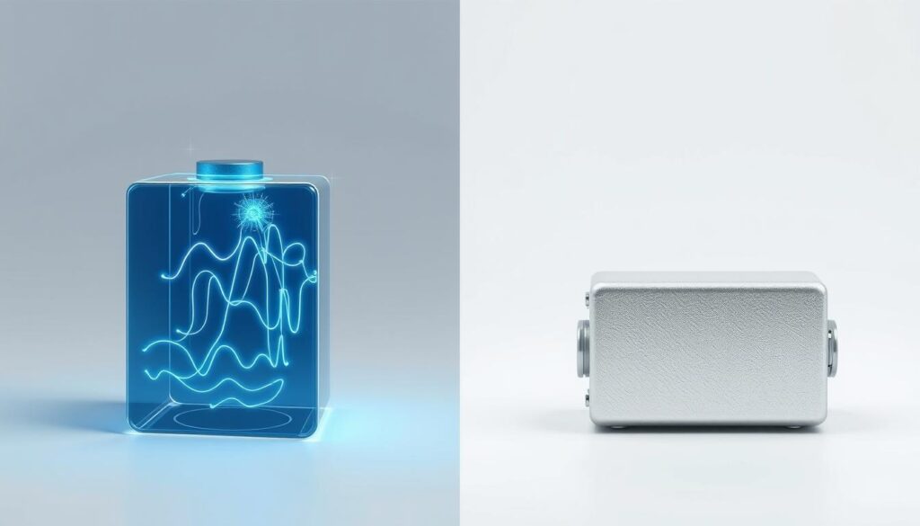 A side-by-side comparison of a virtual battery and a physical battery, set against a clean, minimalist background. The virtual battery appears as a semi-transparent, glowing cube, its inner workings visible as pulsing energy flows. The physical battery, in contrast, is a solid, metallic rectangle with detailed textures and wiring. Soft, directional lighting highlights the distinct materiality and functionality of each energy storage system. The composition emphasizes the conceptual differences between virtual and physical energy storage, inviting the viewer to ponder the implications and applications of this emerging technology.