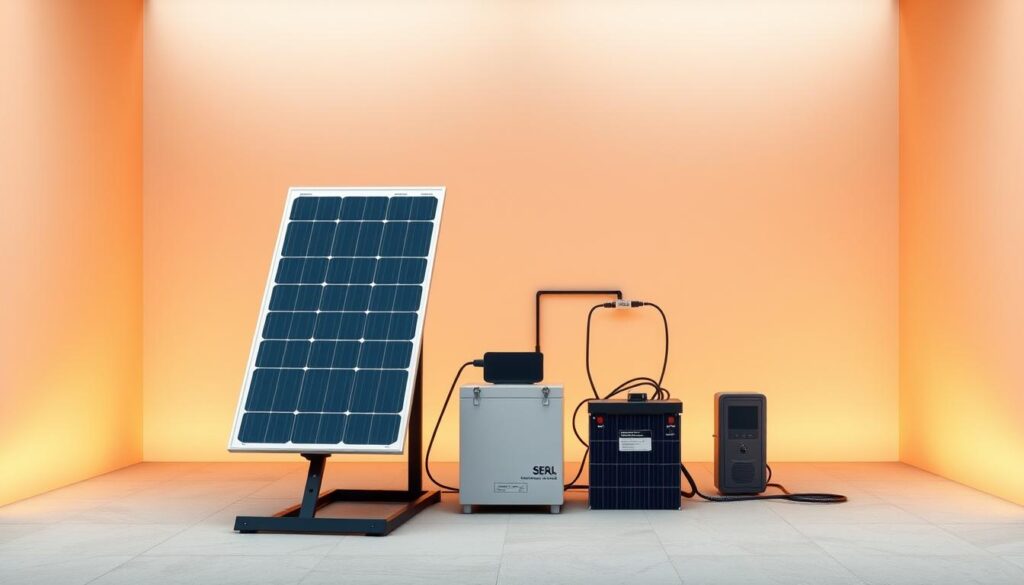 A simplified energy installation depicting a solar panel system with a battery storage unit. The foreground showcases the solar panel, sleek and modern in design, mounted on a sturdy frame. The middle ground features the battery pack, a compact and efficient unit, seamlessly integrated into the overall system. The background presents a minimalist, clean-lined architectural setting, hinting at the plug-and-play nature of the solar kit. Warm, diffused lighting illuminates the scene, creating a sense of warmth and functionality. The overall composition emphasizes the simplicity and user-friendliness of the plug-and-play solar solution, in line with the section title "Avantages du kit panneau solaire plug and play avec batterie".