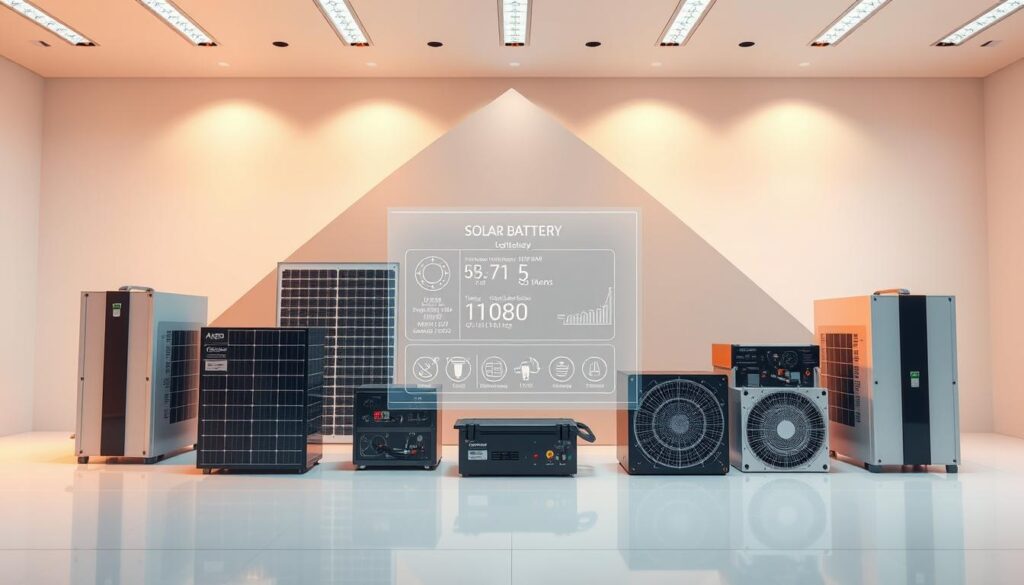 A sleek and modern solar battery technology display, captured in a clean and well-lit studio setting. In the foreground, various types of solar batteries are showcased, their intricate designs and components visible. The middle ground features a holographic overlay, providing technical specifications and performance data. In the background, a minimalist backdrop of gradients and geometric shapes creates a sophisticated and futuristic ambiance. Warm lighting from above illuminates the scene, highlighting the advanced engineering and innovative nature of these solar energy storage solutions.