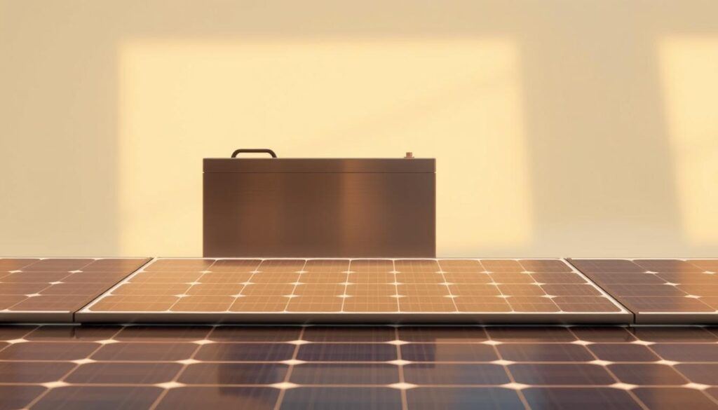 A sleek and modern solar panel battery system, capturing the sun's energy with precision. In the foreground, a state-of-the-art solar panel, its surface glistening under warm, diffused lighting. Behind it, a compact, minimalist battery unit, its metallic casing reflecting the panel's form. The middle ground features a clean, neutral-toned backdrop, allowing the technology to take center stage. Subtle shadows and highlights accentuate the depth and dimensionality of the components, creating a sense of balance and harmony. The overall atmosphere conveys a feeling of efficiency, sustainability, and cutting-edge design - the perfect illustration for a section exploring the essence of a solar panel battery system.