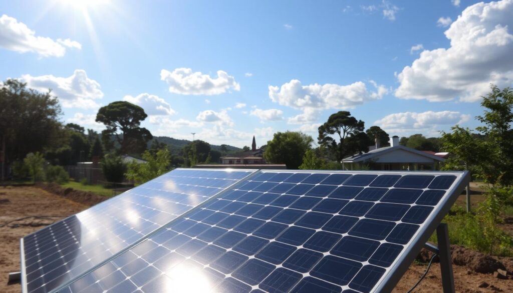 A solar panel installation site on a sunny day, with various external factors affecting its performance. In the foreground, the solar panels are positioned at an optimal angle, capturing the sun's rays. The middle ground showcases the surrounding landscape, including trees, buildings, and other potential obstructions that may cast shadows on the panels. In the background, fluffy white clouds dot the blue sky, and the sun's rays filter through, creating a warm, natural lighting. The scene conveys the importance of considering environmental factors, such as shading, orientation, and weather conditions, when choosing and installing a solar panel system to power a 12V 200Ah battery.