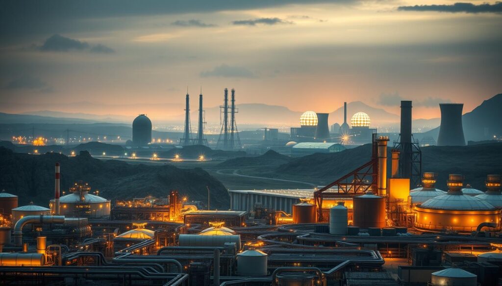 A sprawling nuclear waste processing facility set against a futuristic landscape. In the foreground, a complex network of pipes, tanks, and machinery, illuminated by a warm, industrial glow. Towering silos and cooling towers rise in the middle ground, their sleek, angular forms contrasting with the rugged, rocky terrain. In the background, a hazy skyline dotted with glowing domes and solar panels, hinting at the potential for sustainable energy solutions. The scene conveys a sense of both technological progress and environmental responsibility, as the facility works to repurpose and contain the remnants of nuclear power. Diffuse, directional lighting casts dramatic shadows, adding depth and drama to the composition.