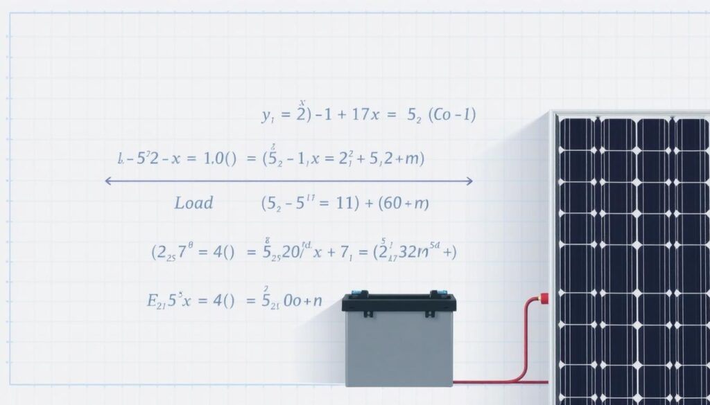 A technical diagram illustrating the "method for calculating solar panels and batteries". In the foreground, a detailed schematic of a solar panel system, including the panel, charge controller, battery bank, and load. In the middle ground, a series of mathematical equations and formulas laid out step-by-step, demonstrating the calculation process. In the background, a subtle grid or blueprint pattern, conveying the technical, engineering-driven nature of the subject. The overall scene is rendered in a clean, precise style with muted colors, emphasizing the instructional and informative purpose of the image. Lighting is cool and even, creating a sense of clarity and understanding.
