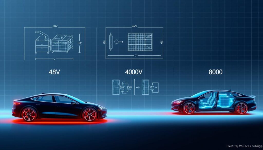 A technical illustration showcasing the differences in battery voltage for electric vehicles. In the foreground, three car silhouettes representing 48V, 400V, and 800V systems, each glowing with their respective voltages. The middle ground features battery pack diagrams and technical schematics, highlighting the architectural differences. The background is a clean, minimalist grid, emphasizing the precision and engineering behind these complex electrical systems. Rendered with a high-tech, engineering-inspired aesthetic, using a primarily blue-gray color palette to convey the technical nature of the subject matter.