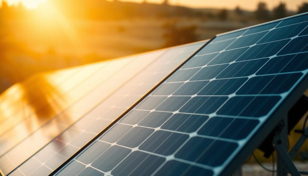 A technologically advanced solar panel array, bathed in warm, diffused lighting, stands prominently in the foreground. The panels are sleek, with a glossy, black aesthetic, reflecting the surrounding environment. In the middle ground, various innovative components and circuitry are visible, showcasing the intricate engineering behind the system. The background is a softly blurred landscape, hinting at the renewable energy potential of this cutting-edge technology. The overall atmosphere conveys a sense of progress, efficiency, and a future powered by sustainable solutions.