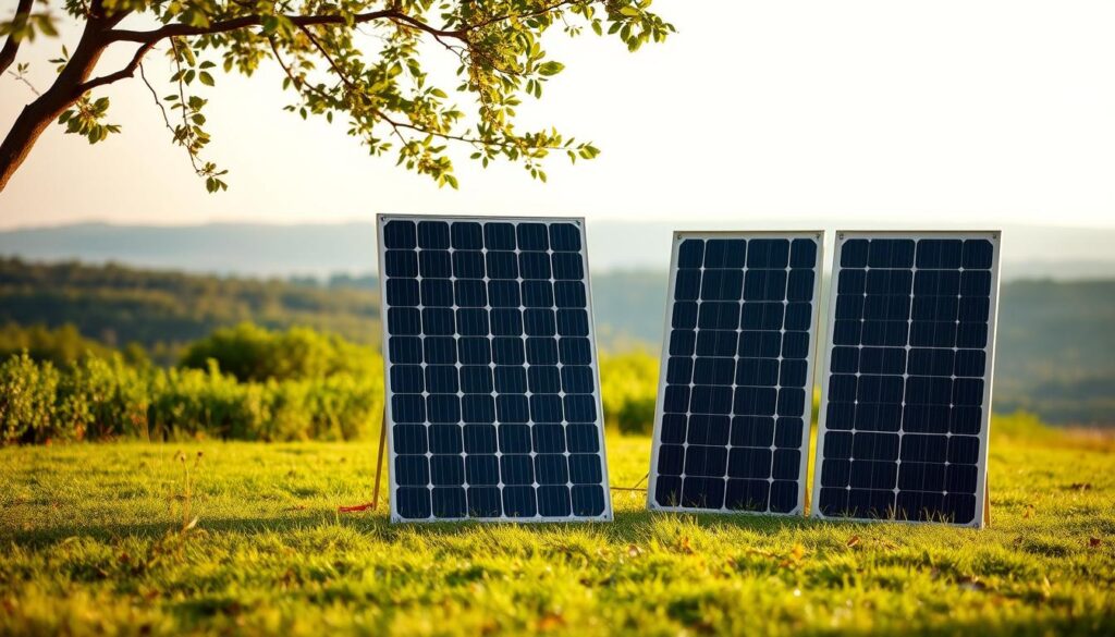 A tranquil solar panel showcase, captured in a soft, natural light. In the foreground, three distinct models of camping solar panels stand proudly, showcasing their sleek, modern designs and efficient solar cells. The middle ground features a serene outdoor setting, with lush greenery and a calming horizon. The background subtly suggests the versatility of these panels, hinting at their ability to power various camping and off-grid applications. The overall mood is one of innovation, sustainability, and the harmony between technology and nature.