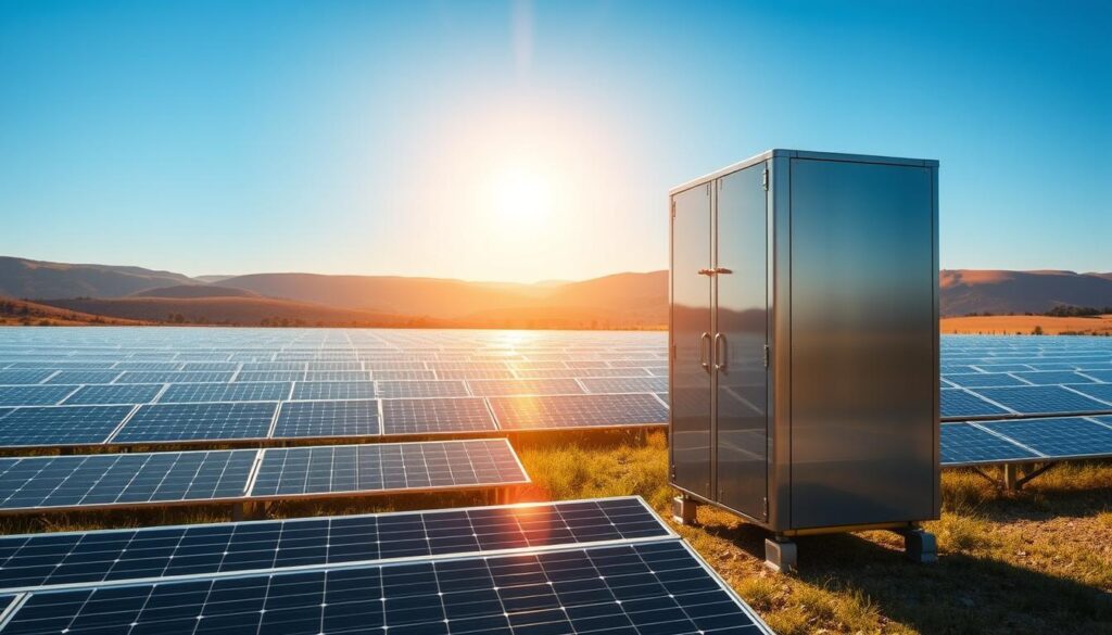 A vast, expansive solar panel field stretches out before the viewer, its shimmering surfaces catching the warm glow of the sun. In the foreground, a sleek, modern battery storage system stands tall, its metallic casing gleaming under the bright daylight. The background is dominated by rolling hills and a clear blue sky, conveying a sense of tranquility and sustainability. The scene is illuminated by soft, natural lighting, creating a serene and inviting atmosphere. The composition emphasizes the harmony between the solar panels and the battery storage, showcasing the efficient integration of renewable energy technology. This image effectively captures the advantages of using solar panels and batteries, highlighting their ability to provide clean, reliable, and self-sufficient energy.
