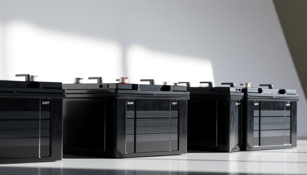 A well-lit, detailed close-up image of several solar batteries in a row, showcasing their sleek, modern design and premium construction. The batteries are positioned against a clean, white background, with soft shadows casting a sense of depth and dimensionality. The lighting emphasizes the glossy, polished surfaces of the batteries, highlighting their high-quality materials and durable build. The composition is balanced and symmetrical, drawing the viewer's attention to the batteries' key features and technical specifications. The overall mood is one of professionalism, reliability, and attention to detail, reflecting the quality and long-lasting performance of the solar batteries.