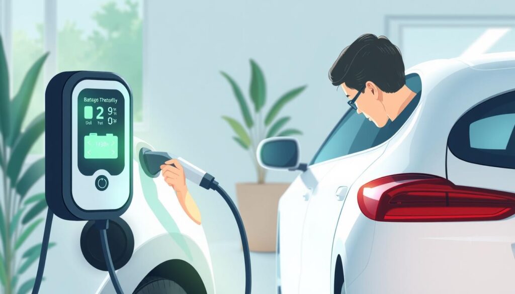 A well-lit, high-resolution illustration of a person carefully charging an electric vehicle battery with the proper charging equipment, showcasing best practices for battery longevity. The scene depicts a modern, eco-friendly home or garage setting with natural lighting illuminating the careful process. Attention to detail is emphasized, with the user meticulously following the charging instructions and guidelines to optimize battery health and performance. The overall mood is informative and educational, inspiring viewers to adopt responsible charging habits for their electric vehicles.