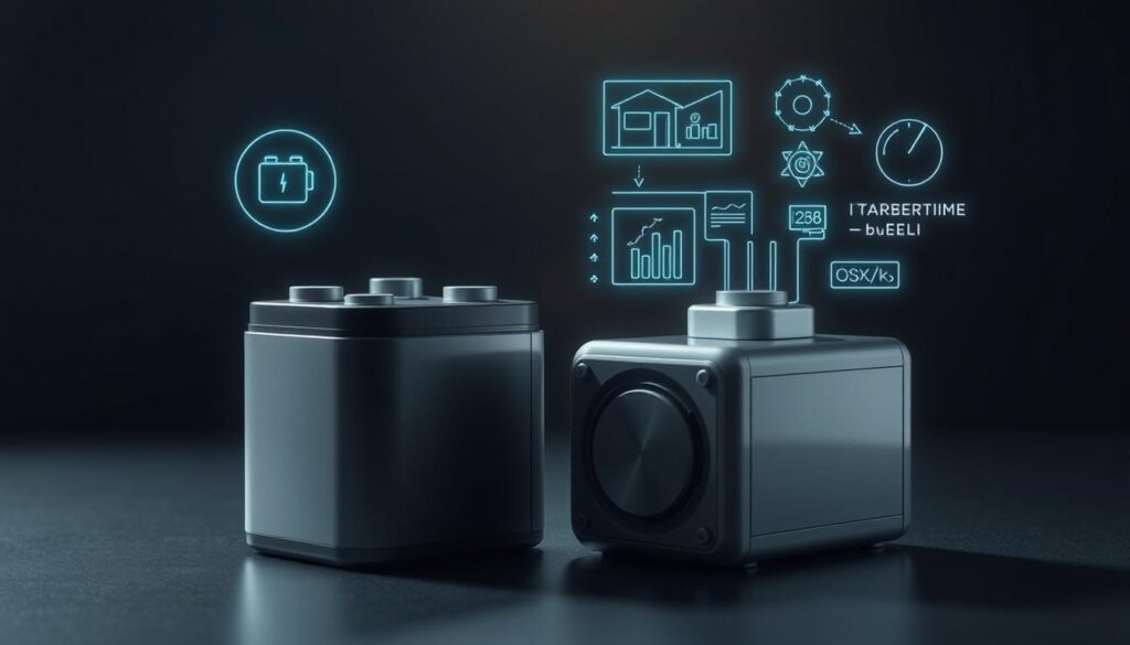 Comparaison des technologies de stockage énergétique, avec une mise en scène élégante et épurée. Au premier plan, une batterie lithium-ion et une batterie à déchet nucléaire sont disposées côte à côte, leur conception futuriste et minimaliste soulignée par un éclairage subtil. Au second plan, des diagrammes et des graphiques holographiques flottent autour d'elles, illustrant leurs caractéristiques techniques et leurs avantages respectifs. L'arrière-plan est plongé dans une atmosphère sereine, avec des ombres douces et des reflets de lumière, créant une ambiance propice à la réflexion sur les innovations en matière de stockage énergétique.
