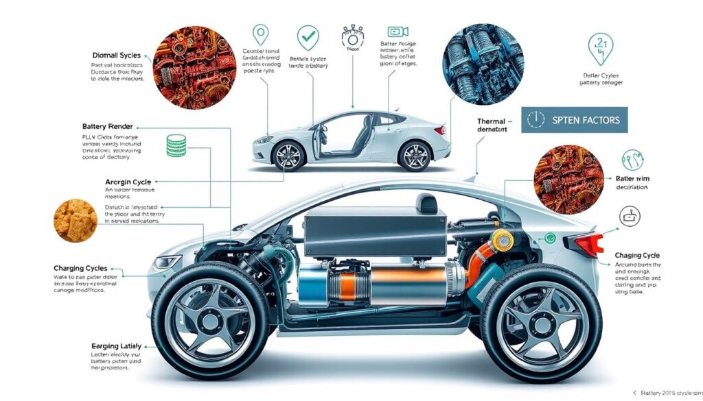 Detailed close-up view of the key factors impacting the longevity of electric vehicle batteries, set against a clean white background. Prominent in the foreground, various battery components and materials displayed with technical precision, their characteristics and interactions explained through visual metaphors. In the middle ground, a simplified schematic of an electric vehicle's drivetrain, highlighting the battery's central role. The background subtly incorporates icons and infographic elements related to battery degradation, thermal management, and charging cycles. Overall, a visually engaging and informative illustration to accompany the article section on "The Factors Influencing Battery Lifespan".