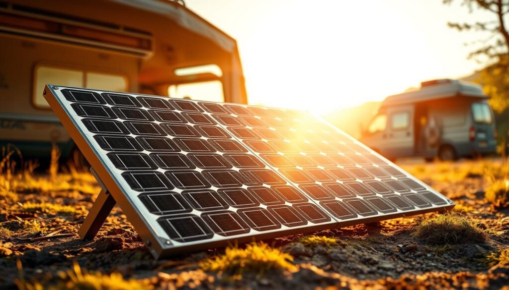 Detailed illustration of a durable solar panel, showcasing its sustainability features. The panel is positioned in a well-lit outdoor setting, casting warm, natural shadows. The foreground features the panel's sleek, modern design with a focus on its robust, weatherproof construction. The middle ground showcases the panel's efficiency, with visual cues highlighting its energy conversion capabilities. The background depicts a serene, natural landscape, emphasizing the panel's eco-friendly integration. Photorealistic lighting and high-quality textures convey the panel's premium quality and durability, inviting the viewer to consider its suitability for a campervan application.