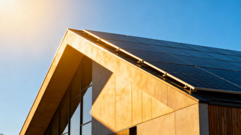 solar air conditioning: Solar panels on a roof under a blue sky.