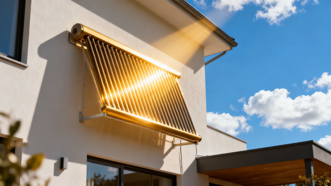 Casa con radiador solar bajo el sol.