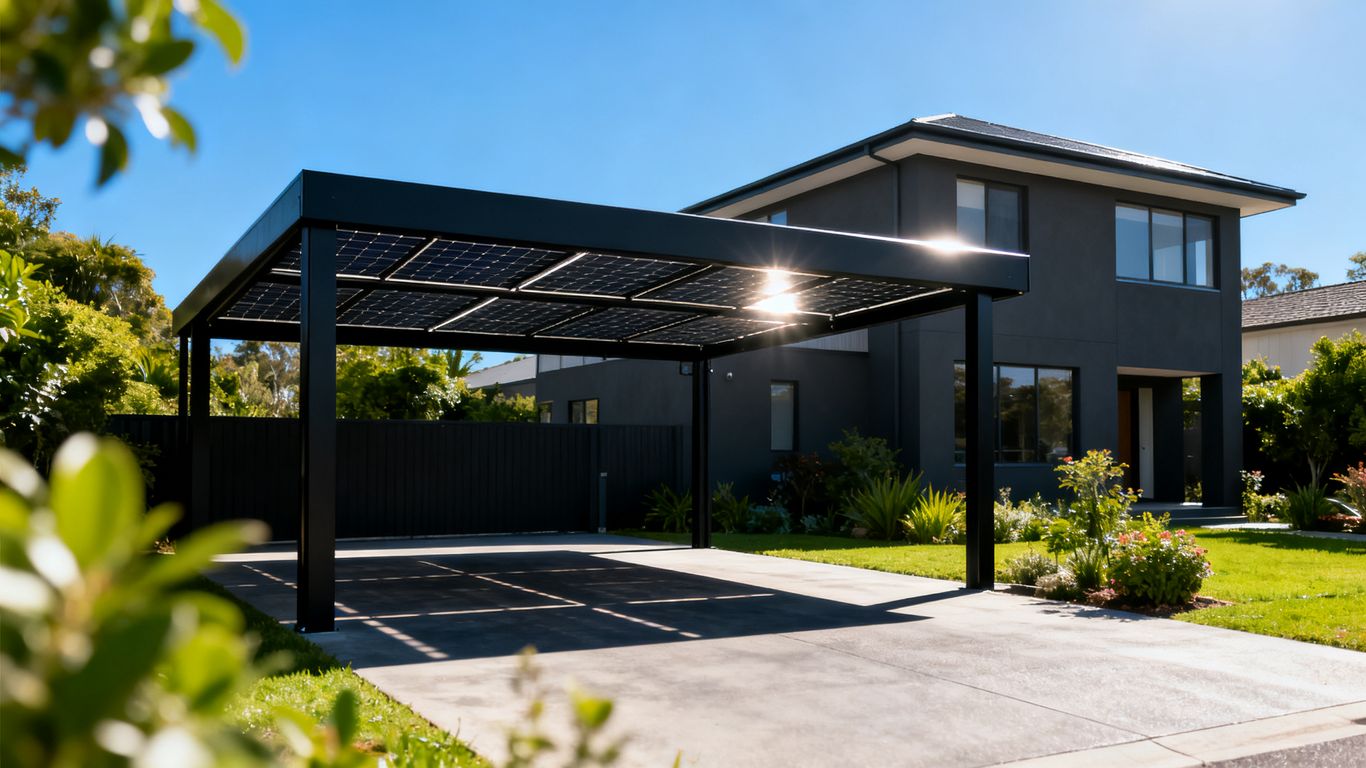 Moderní solární přístřešek pro auto s fotovoltaickými panely.
