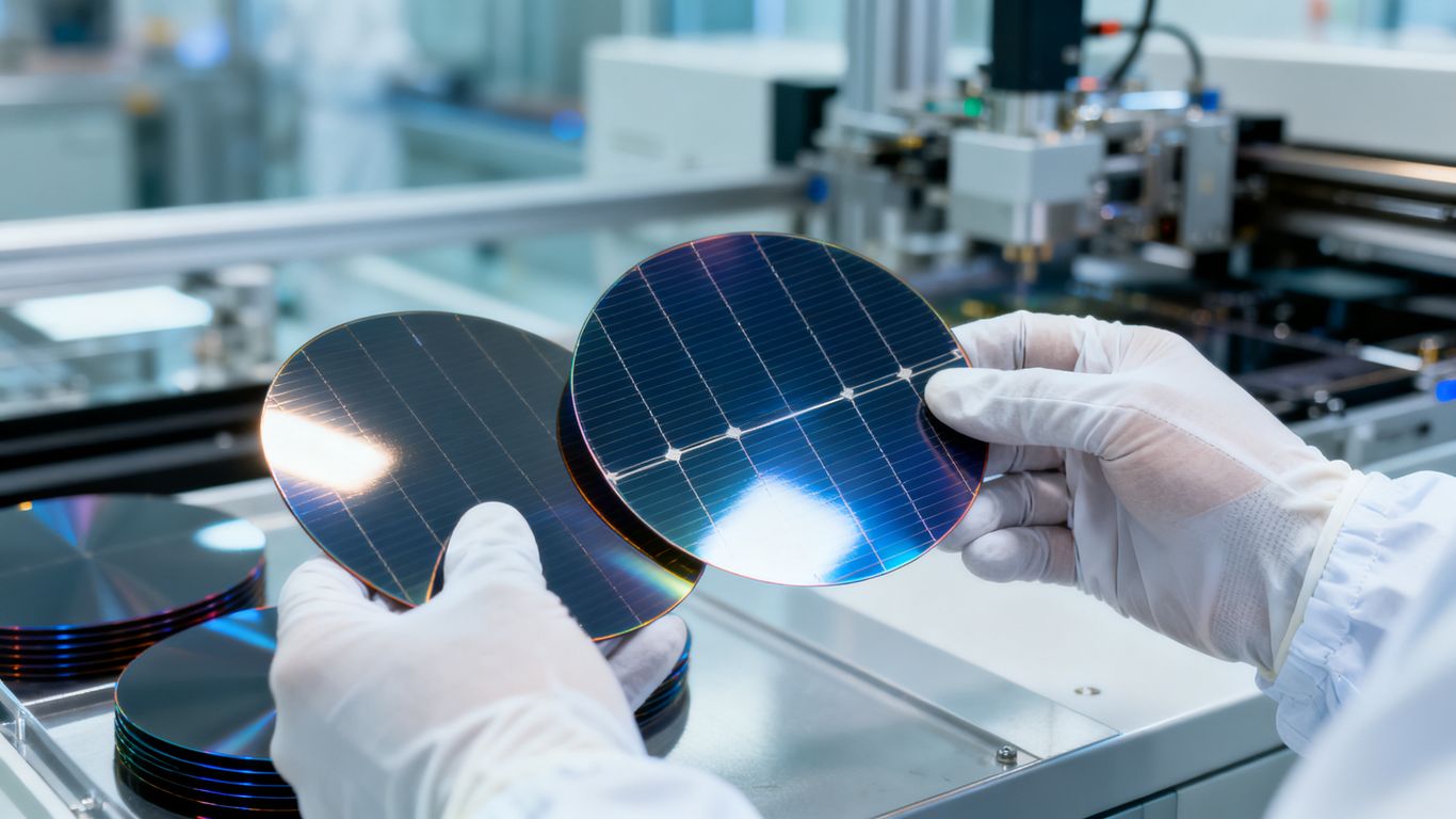 Close-up of solar wafers being handled in a laboratory.